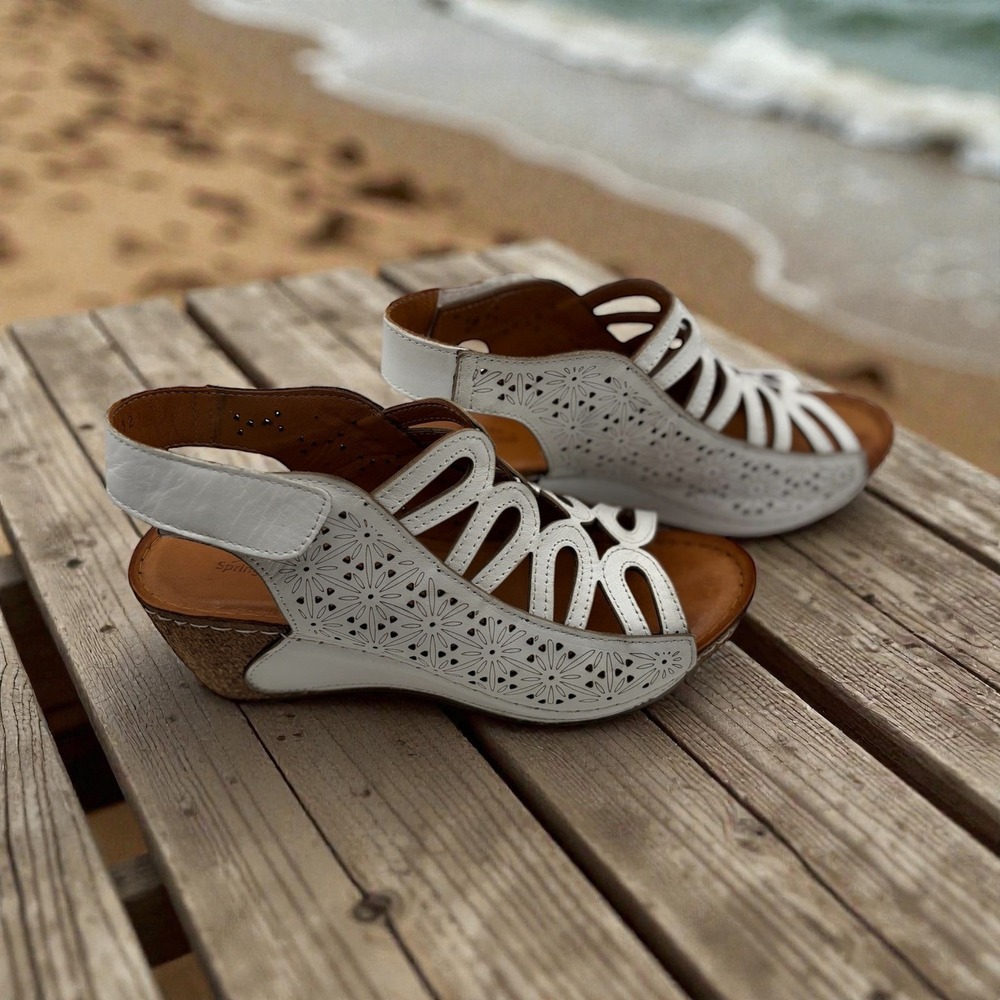 Spring Step White Leather Wedge Sandal Women's EU 38 US 7–7.5 Comfort Slingback - Picture 7 of 10